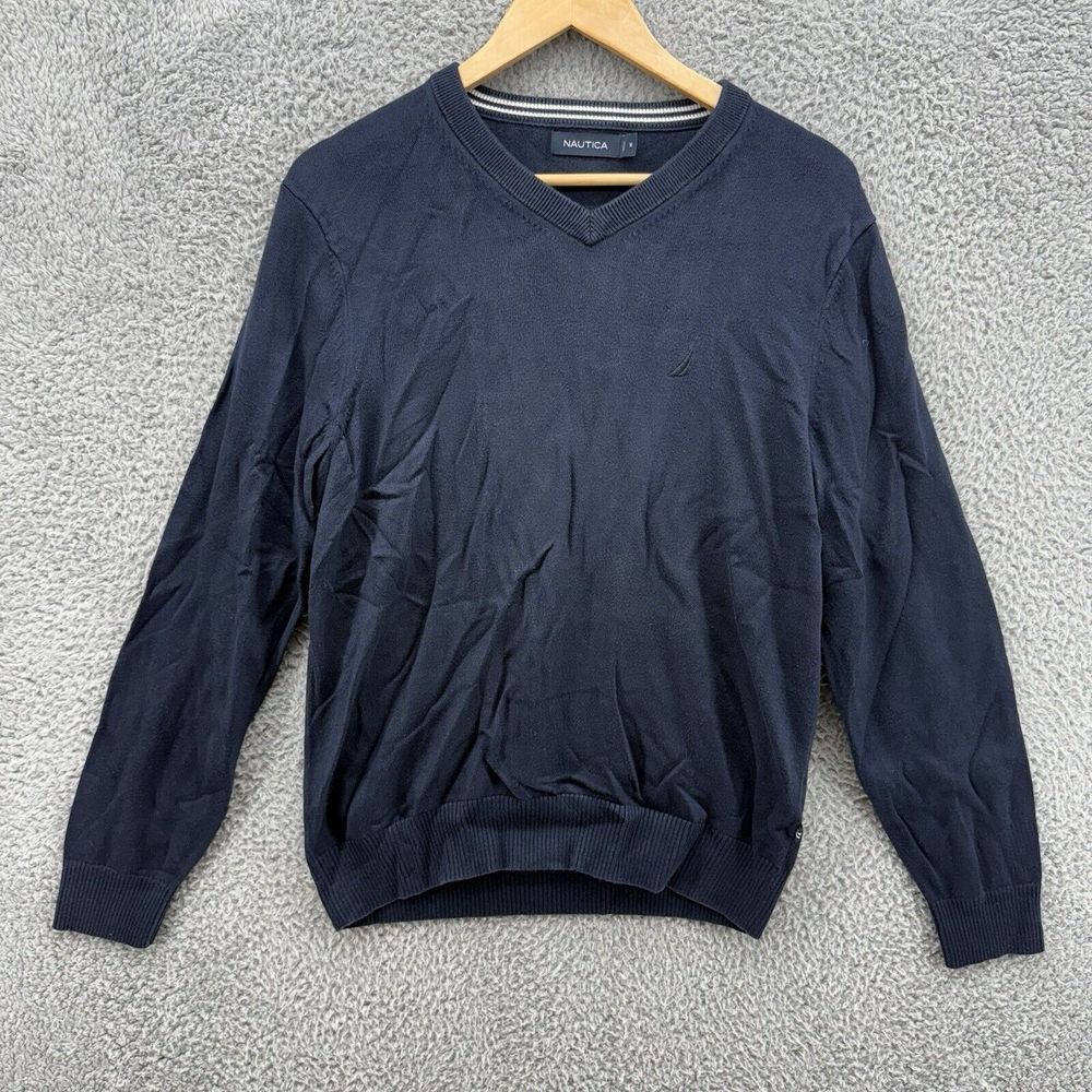 Nautica Men's Medium‎ Navy Blue V-Neck Embroidered Logo Long Sleeve Sweater
